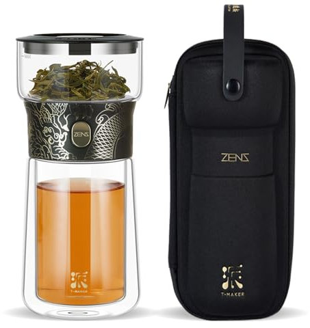 ZENS Modern Teekanne Glas mit Sieb, One-Touch Teezubereiter für Losen Tee mit 270ml Isolieren Becher, Portable Tea Maker for Tee Zubereitung mit Tragetasche, Cooles Drachen-Muster