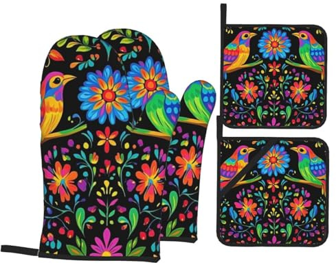 Ofenhandschuhe und Topflappen, mexikanische Blumen-Ofenhandschuhe mit Topflappen, rutschfeste Handschuhe, hohe Hitzebeständigkeit, 500 Grad, für Grill, Backen, Kochen, Ofen, Mikrowelle, 4 Stück
