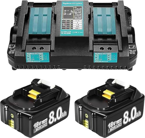 8.0Ah Ersatzakku für Makita Akku 18V BL1860B BL1860 BL1840 BL1830 BL1860B BL1815 BL1850B BL1835 BL1850B BL1845 BL1850 194205-3 LXT-400 mit LED Werkzeugakku (Ladegerät+2PCS)