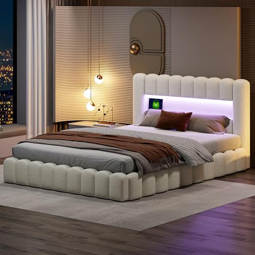 DAHUEN Polsterbett Bubble Bett 140x200, Doppelbett mit LED und USB Ladefunktion Kopfteil, Boxspringbett mit hydraulisches Bettkasten,Stauraumbett mit Lattenrost aus Holz, Leinen (Weiß, 140X200cm)
