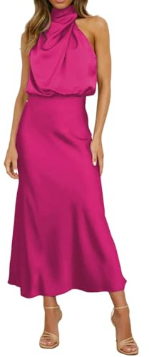 YIMAISZQ Kleid Damen Sommer Satin Elegant Ärmellos Mock Neck Cocktail Party Maxi Kleider-hot Pink-XL
