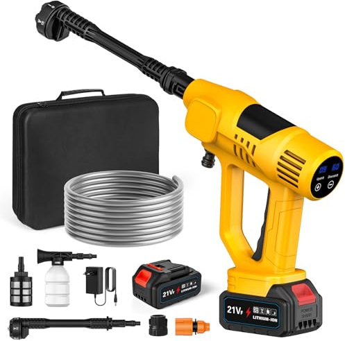 Idropulitrice a Batteria, 65 Bar Idropulitrice Portatile senza Fili con 1 x 3.0Ah Batteria, Ugello 6 in 1, 10 Livelli di Pressione Regolabili, Tubo da 5M, Schermo Tattile a LCD, per Auto e Giardino