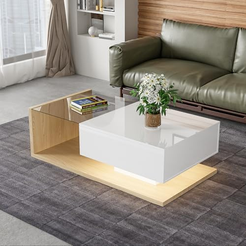 Physport Coffee table in white and wood color combination, Side tables, coffee tables with glass and LED, Elegant design, Sturdy construction, 105 * 55 * 32.5cm