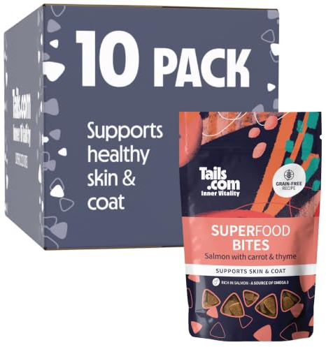 Tails.com • Dog Treats 10 x 80g • Superfood Bites 27% Salmon • Grain Free Recipe • No Artificial Colours or Flavours • Low Calorie Snacks • Rich in Salmon, a Source of Omega 3 | Low calorie treats, 27% salmon with carrot & thyme, grain free, no artificial colours or flavours, for skin & coat.