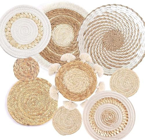 Hoite 9-teiliges Boho-Wandkorb-Set, Seegras-Rattan-Boho-Dekor, runde Wandkunst für Wohnzimmer, Schlafzimmer, Esszimmer