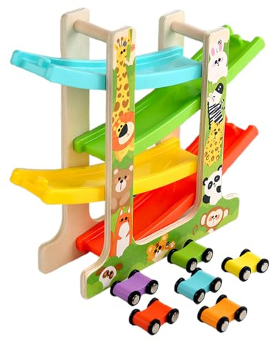 Générique Rennstreckenset für Kleinkinder – Spielturm mit Autos Rutschen aus Holz, Spielzeug-Rampe für | Robuste mehrstufige Bahnkonstruktion, praktisch und