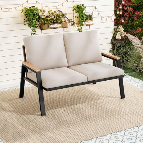 Merax Gartenmöbel Set 2 Sitzer, Outdoorsofa, Gartensofa aus verzinktem Stahl mit Holz-Kunststoff Armlehnen, Balkonmöbel Loungesofa für Balkon Terrasse Garten, industrielles Design, Graubeige