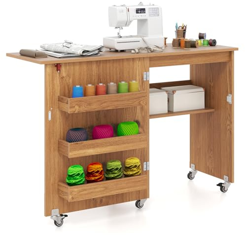 CASART 2-In-1 Sewing Table, Foldable Hobby Craft Table with Open Shelves & Rolling Casters, Multipurpose Sewing Machine Cabinet Computer Desk (Natural, 116 x 40 x 78cm)