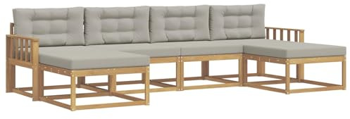 vidaXL Outdoor-Sofagarnitur mit Kissen 6 pcs Weiß und Hellgrau, Moderne Akazien-Gartenmöbel, wetterfester Sofa-Set, stylische Sitzgelegenheit für Terrasse und Pool