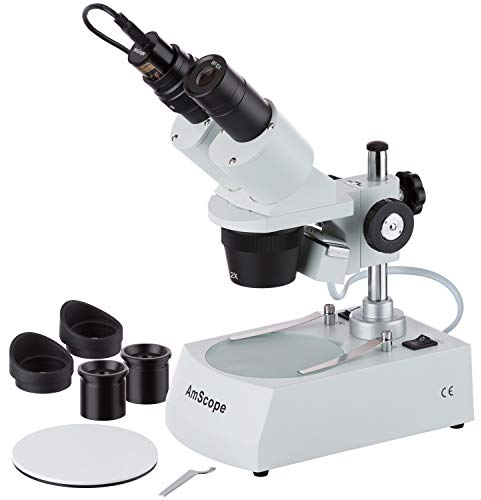 AmScope SE306R-PZ-E Kompaktes Stereomikroskop mit mehreren Objektiven, abgewinkeltem Kopf, Metallstützenständer, Halogenbeleuchtung oben und unten, 0,3 MP digitale Okular-Kamera, 20X-80X