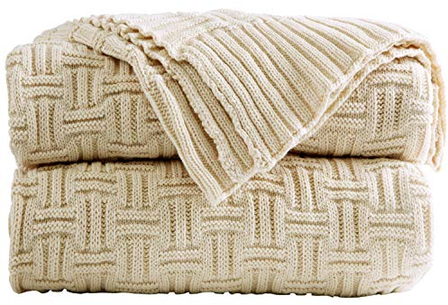 SHADDOCK Baumwolle Gestrickte Decke 4 Jahreszeiten Bettdecke- 130x180cm Ultra Weiche überwurf Decke Wohn-Kuscheldecke für Baby Couch Bett Sofa Stuhl Auto Büro (Streifenmuster, Beige)