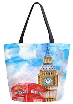 BIGJOKE Canvas-Tragetasche, Vintage, London, Big Ben, England-Flagge, Kunst, groß, lässig, Umhängetasche, Handtasche, wiederverwendbar, Einkaufen, Lebensmittel, tragbare Aufbewahrungstasche für den