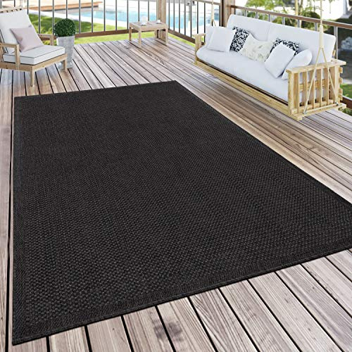 Paco Home In- & Outdoor Teppich wetterfest für Garten, Terrasse & Balkon flachgewebt in Moderner Sisaloptik einfarbig pflegeleicht & UV-beständig Schwarz, Grösse:300x400 cm