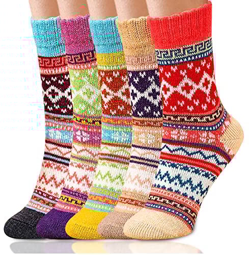 SMALUCK Women Winter Socks, 5 Pairs Thermal Wool Warm Knitting Ladies Socks Vintage Style Cotton Thick Bed Sock Multicoloured for Home Office School, Ideal Christmas Gifts 4/8 UK