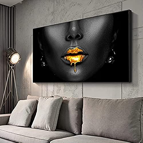 Bilder Gold schwarz Frauen Lippen, wandbild Vlies Leinwandbild Kunstdruck modern Wandbilder Wanddekoration Design Wand Bild - Sexy Abstrakt, leinwand bilder groß wohnzimmer.Rahmenlos（150x60cm）