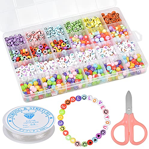 1200 Stück Buchstabenperlen zum Auffädeln, mit Smiley Perlen und Gummiband, Rund Bunt Perlen zum Basteln für Schmuck Armbänder für Kinder Selber Machen