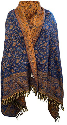 Blau-gelber Winterschal mit einzigartigem Design, Blumenmuster, reine Yakwolle, Schal, Dekoration, Wolldecke, Uni, übergroß, doppelseitig, luxuriös, Geschenk, blau, Einheitsgröße