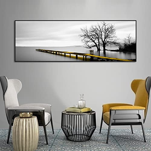 Calm Lake Surface Long Bridge Arbre ScèNe Noir Et Blanc Toile tableau Peintures Affiche Murale Art Tableaux Salon Decoration à La Maison Oeuvre Sans Cadre 60×180cm