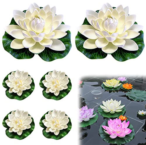Bakiauli 6 Stück Wasserlilie Pflanzen, Schwimmende Blumen Künstlicher Lotus Seerosen Eva Lotus Flower für Teiche Dekoration Gartenterrasse Pool Aquarium Dekoration (Weiß)