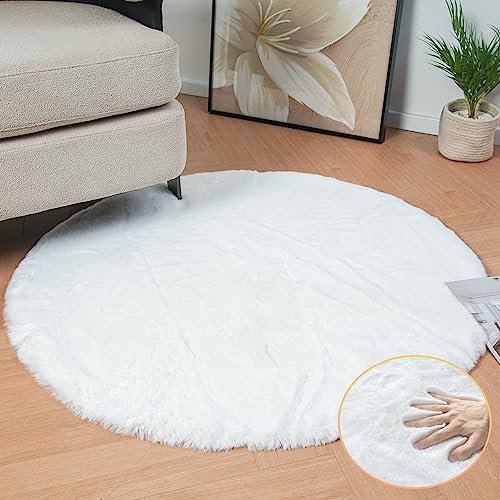 ORINOVA Runder Teppich Flauschig Weiß Fellteppich 120 cm Kunstfell Teppich Schlafzimmer Wohnzimmer Weich Bettvorleger Kinderzimmer Waschbar