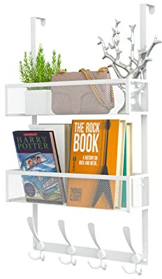 Kaiferty Organizador de ganchos para colgar sobre la puerta, perchero con 12 ganchos y 2 cestas de malla, organizador de almacenamiento en la parte trasera de la puerta para baño, dormitorio, cocina,