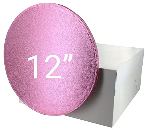 Culpitt 12 Pink Cake Board & White Cake Box Combo, Round Cake Drum With Matching Box, 0.5'' (13mm) Thick, Square Cake Transport, 12 Inch, Single Pack