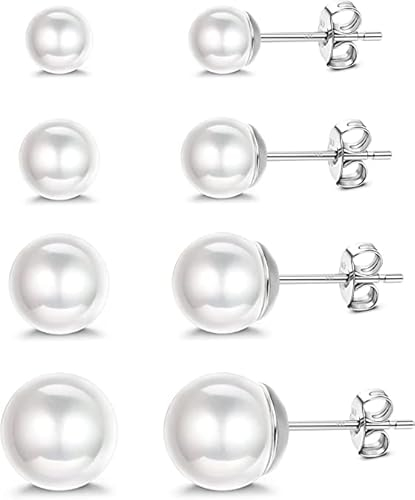 4 Paar Perlenohrringe Silber 925,Perlenohrringe,Damen Ohrstecker,Perlen Ohrringe Damen,Silber 925 Weiße Perlenohrstecker,Perlenohrstecker mit echten Perlen,5/6/8/10/mm Ohrringe Set für Damen Mädchen