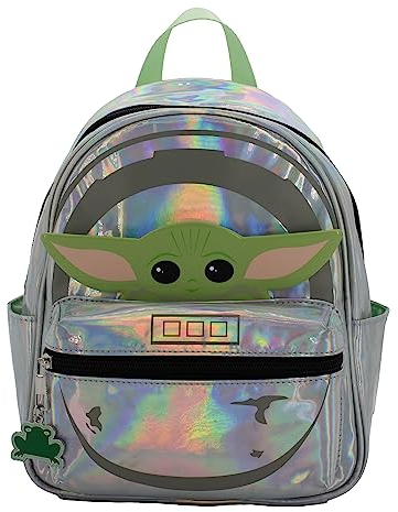 Disney StarWars Mandalorian Grogu Mini PU Rucksack Geldbörse, Baby Yoda Umhängetasche mit Epoxy gefülltem Metall Frosch Charm, 26,7 cm, verstellbare Riemen, Kunstleder, silber, Small, Mini-PU-Rucksack