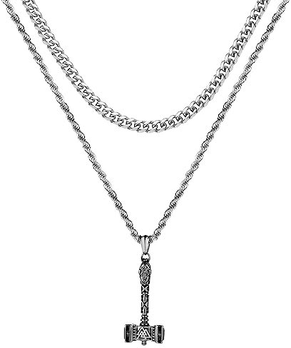 Cupimatch Collana Martello Thor Uomo Argento in Acciaio Inossidabile,Ciondolo Martello Catena Doppia Cubana Intrecciata Vichinga Ipoallergenica Regalo Ragazzo Festa del papà Natale Fidanzato