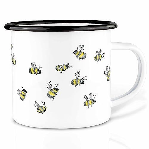 Ligarti Emaille Tasse (leicht & robust) | Camping Becher handveredelt in Deutschland | Trinkbecher für Kinder, Kaffeetasse, Emaillebecher | Bienenfreund | (300ml, Bienenschwarm)