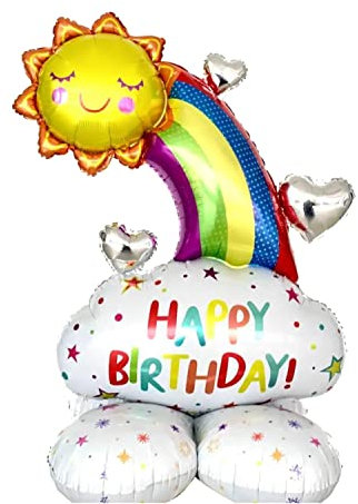 Großer Folienballon in Form einer strahlenden Sonne mit buntem Regenbogen, Happy Birthday Schriftzug, stehend, ideal für Geburtstagsfeiern und besondere Anlässe, 83 x 122 cm