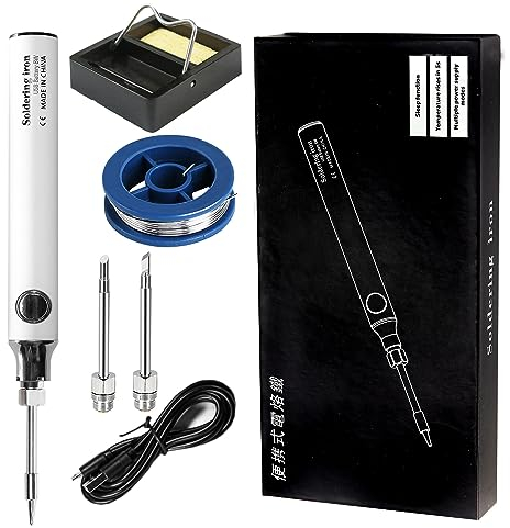 Treedix Kit de fer à souder, 8 W, outils de soudage avec température réglable de 330 à 450 ℃, fer à souder électrique sans fil, câble de charge USB, support de soudure, 3 embouts pour soudure et