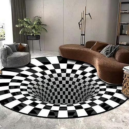 Nyescasa 3D Runder Teppich - Optische Täuschung Illusions Rutschfester Vortex Carpet - Schwarz-Weiße Kariert Bodenmatte Fußmatte Für Wohnzimmer Schlafzimmer Küchenboden Flur 160CM