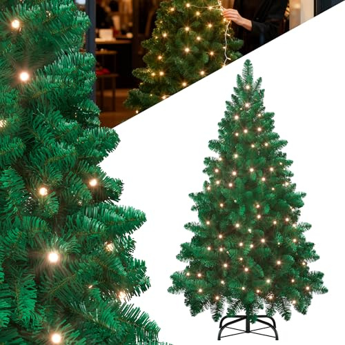 YRHome 150cm Grün PVC Künstlicher Weihnachtsbaum mit Beleuchtung - 180 Leuchten LED Christbaum Tannenbaum künstlich Weihnachtsbäume mit Metallständer für Weihnachten Dekoration