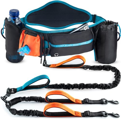 SparklyPets Hundeleine mit doppelter Bungee-Taille und Rückenstütze, doppelte Hundeleine für mittelgroße und große Rassen, 2 Hunde-Laufgürtel, Bauchtasche mit Telefon-, Abfall-, Leckerli- und