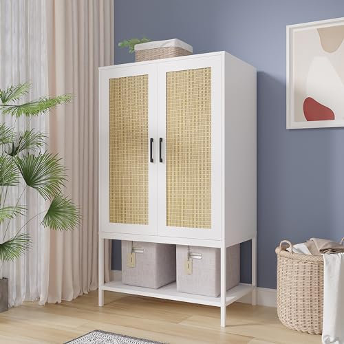 Gyger Wardrobe Closet with 2 Doors，Rattan Bedroom Armoires with Hanging Rod Freestanding Wooden Wardrobe Cabinet with Shelves,White (YG01白麻) (YG01白麻)