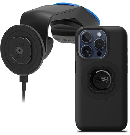 Quad Lock Support Ventouse pour Téléphone de Voiture pour Pare-Brise/Tableau de Bord avec Tête de Charge sans Fil MAG V2 et Coque MAG pour iPhone 14 Plus Max
