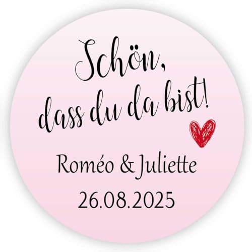MameArt 50stk Aufkleber Personalisiert Schön DASS du da bist, 4cm Etikett für Hochzeit Gastgeschenk Taufe Kommunion Feste Geschenke Präsente (Rosa)