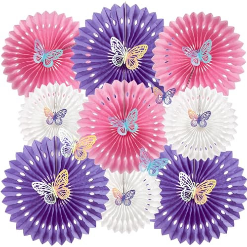 EASY JOY Butterfly Birthday Decorations Purple Pink White Hanging Paper Fans Party Decorations with 3D Iridescent Butterfly Stickers for Spring Summer Garden Baby Shower Wedding Girl Party Decor