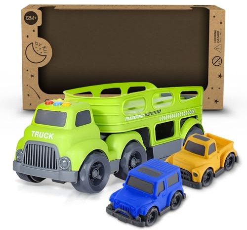 By Kii Car Transporter Truck Toy Set for Toddlers 12+ Months - Durable ABS & PVC Construction, Detachable Trailer with Two Mini Cars for Boys & Girls