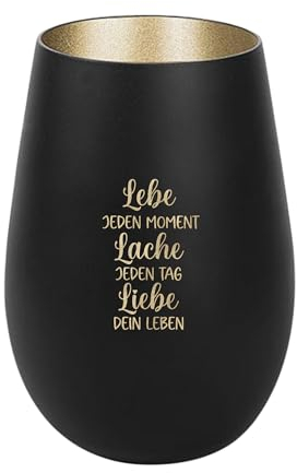 Der-Porzellan-Laden Windlicht mit Gravur Lebe jeden Moment Lache jeden Tag, Schwarz Gold, Teelichthalter aus Glas mit Spruch, Tischdeko modern