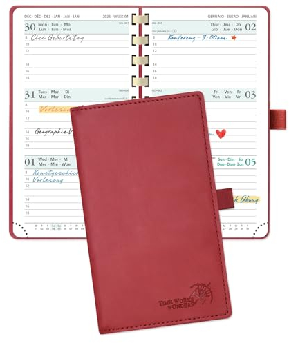 POPRUN Taschenkalender 2025 Klein 16,5 x 9 cm (Jan.2025-Dez.2025) - Kalender 2025 Klein Ringbuch mit Softcover - Terminplaner, Planer 1 Woche 2 Seite mit Kartenschlitz - Burgunderrot