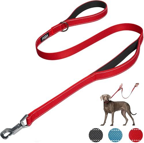 Fida Heavy Duty Dog Lead, 1.2M/4FT Dog Leads for Medium/Large Dogs, Red | Traffic Handle for 40CM Close Control, Heavy Duty Quick-Snap Hook, Reflective Stitching, for Day & Night Walks, for Training