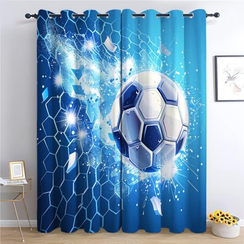 Srigzcaly Curtains for Kids Bedroom 2 Panels W117cm (46) x H138cm (54), Football 3D Polyester Microfiber Insulation Blackout Curtains Eyelet Window Drapes for Boy Girl, Blue