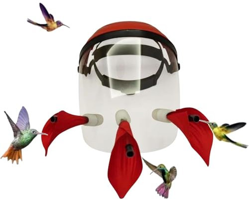 HOUSN Tragbarer Kolibri Feeder Hut Gesicht Abdeckung Kolibri Feeder Verstellbares Stirnband Kopf montiert Vogelfutterhaus für draußen Garten, 3 Blumen,Rot,2*Morning Glory