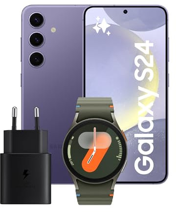 Samsung Galaxy S24 Smartphone AI, Caricatore incluso, Display 6.2'' FHD+, Fotocamera 50MP, RAM 8GB, 128GB, Cobalt Violet + Galaxy Watch7 40mm BT Smartwatch Fitness Tracker, Green 2024