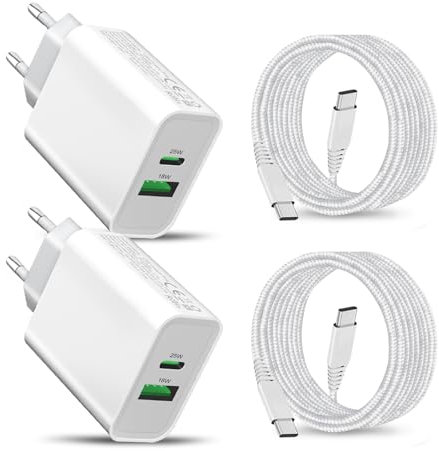 2Pack 25W Caricatore USB C per Samsung Galaxy A55 5G A25 A35 A15 A16 A54 A34 S24 Plus Ultra/S23 FE A53 A14 A33 A23 A05S A36/S22 S21 iPhone 15 16 Pro Max,2-Port Caricabatterie Spina Rapido con Cavo