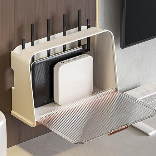 Router Storage Box, Wall Mounted Router Storage Box with Lid Large Capacity Cable Management Box Desktop Power Strip Cover Box (Beige Large Size 30x12x22cm/11.8x4.7x8.7in)