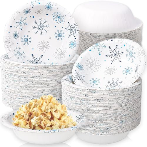 Whaline 100Pcs Snowflake Paper Bowls Blue Silver Winter Disposable Serving Bowls Snowflake Ice Cream Bowl for Winter Christmas Food Party Supplies