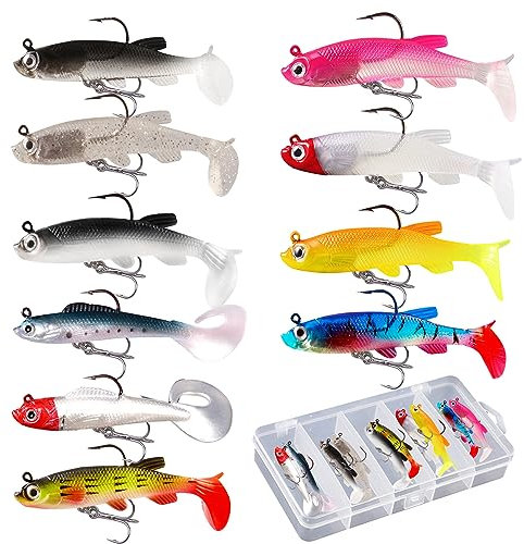 XIAQICA 10 Stück Angelköder Set mit 1 transparenten Kunststoffbox Crankbait Jigköpfe Raubfisch Köder Gummifisch Hecht Wobbler für Barsch Weiches Mandarinenfisch Pferdemaul Tilapia
